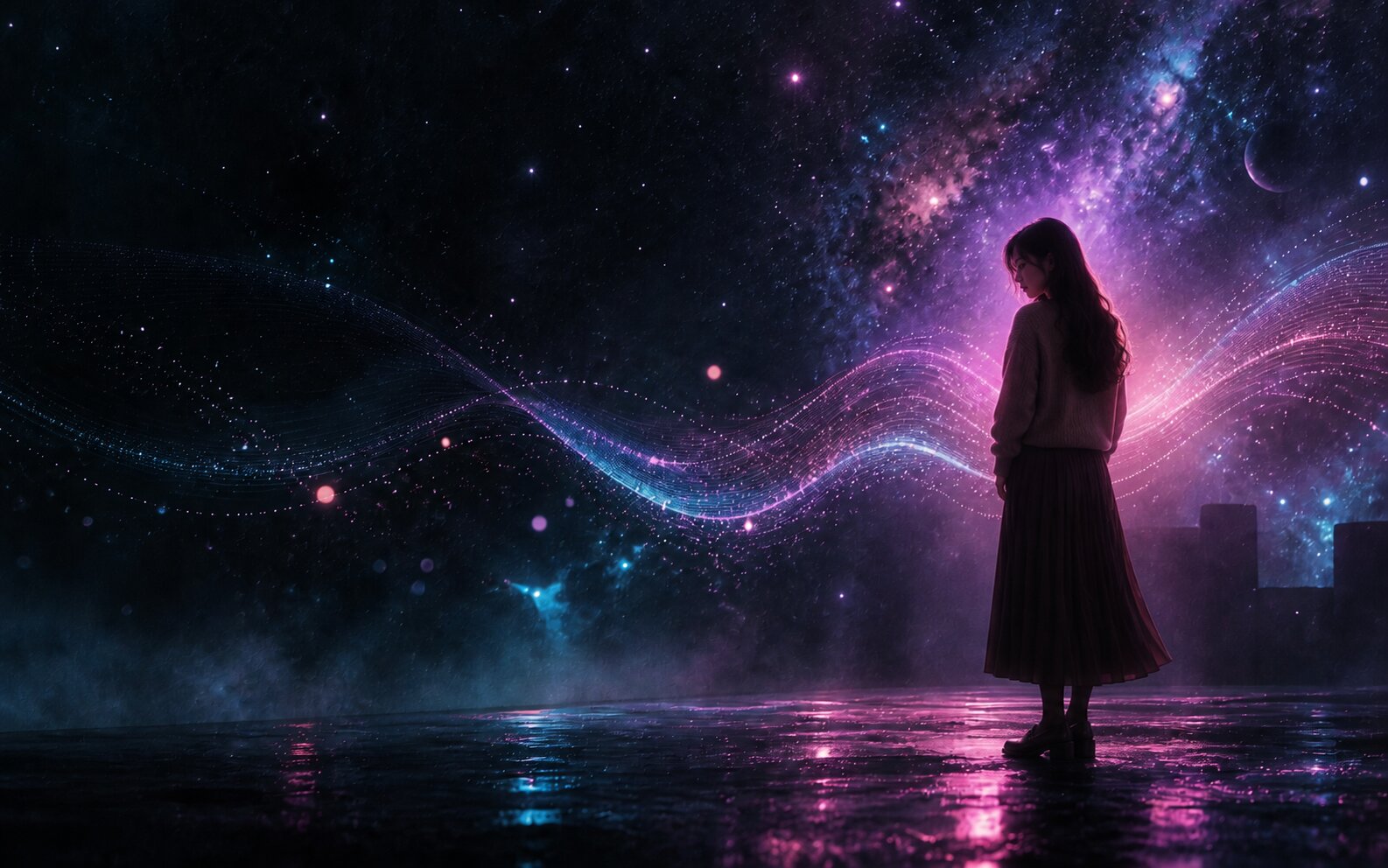 星光與聲波交織的夜色中，一位女性創作者靜立其中